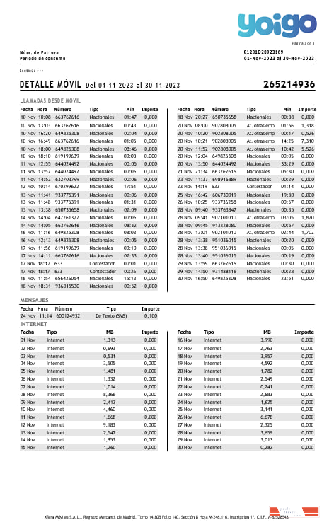 Spain Yoigo internet utility  bill in Word and PDF formats, 3 pages.